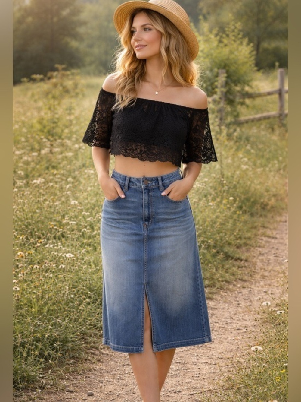 Hinge Denim Midi Acid Washed Skirt Size Medium
